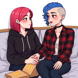 A cute animated style illustration of two women sitting on a bed