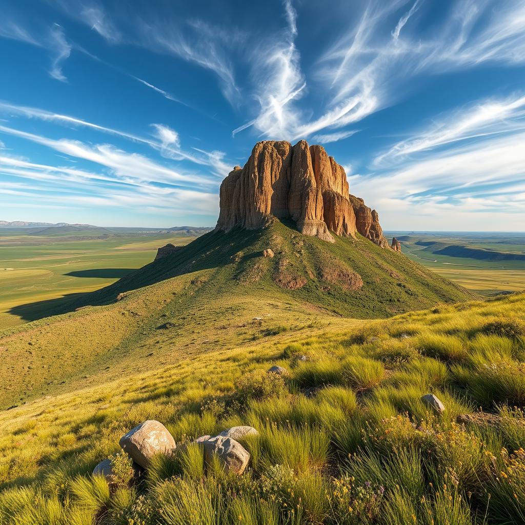 A stunning vista showcasing a majestic mesa towering above a vast, sprawling prairie