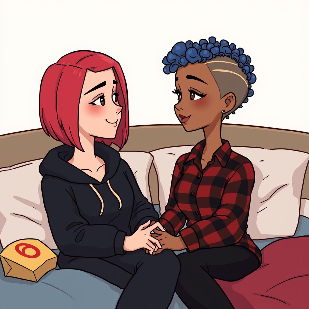 A cute animated style illustration of two women sitting on a bed