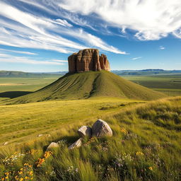 A stunning vista showcasing a majestic mesa towering above a vast, sprawling prairie