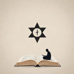 A simple yet meaningful illustration representing religion and philosophy merging. Just a cross, star, or Yin-yang symbol, accompanied by a single book or thoughtful figure.