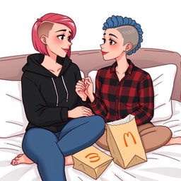 A cute animated style illustration of two women sitting on a bed