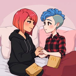 A cute animated style illustration of two women sitting on a bed