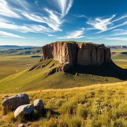 A stunning vista showcasing a majestic mesa towering above a vast, sprawling prairie