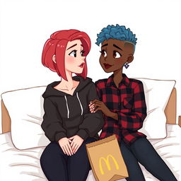 A cute animated style illustration of two women sitting on a bed