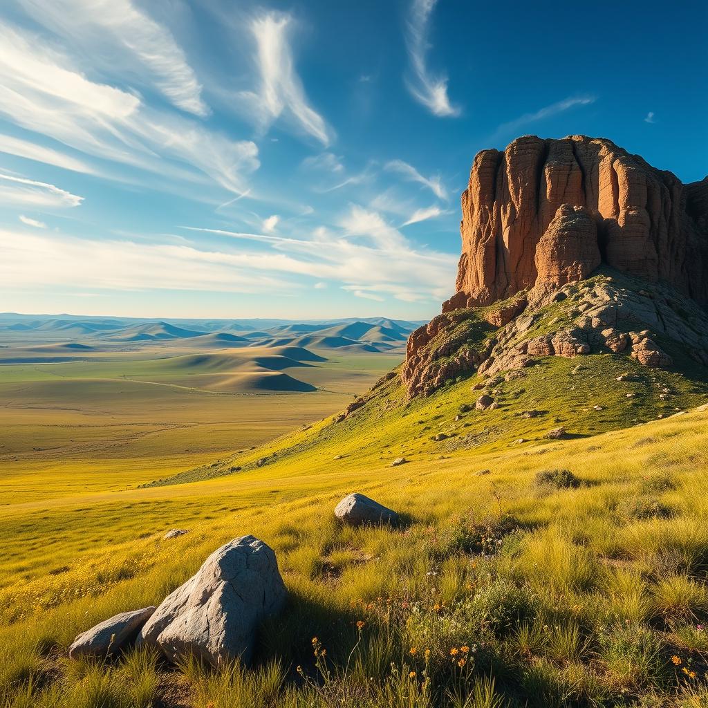 A stunning vista showcasing a majestic mesa towering above a vast, sprawling prairie