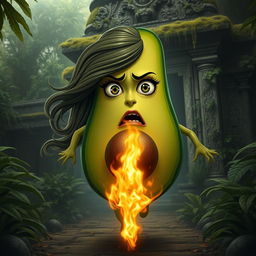 A realistic feminine avocado with a lifelike texture, featuring long, flowing hair and long eyelashes