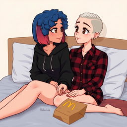 A cute animated style illustration of two women sitting on a bed