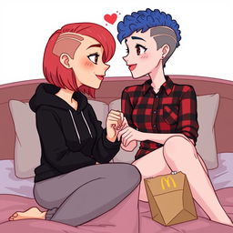 A cute animated style illustration of two women sitting on a bed