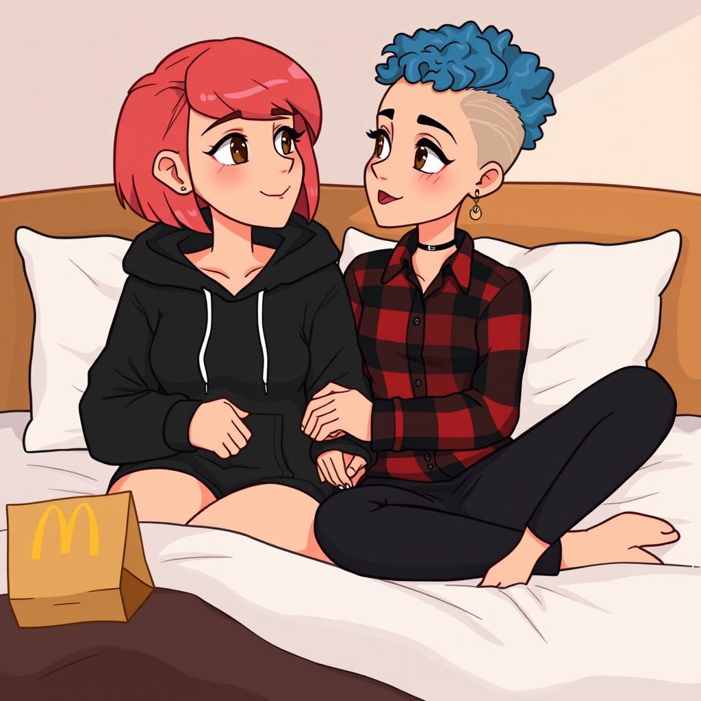 A cute animated style illustration of two women sitting on a bed