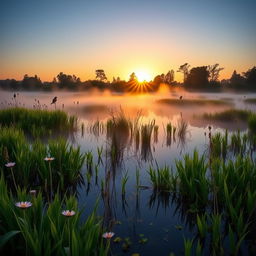 A serene bog at sunrise, where the soft golden light of early morning gently illuminates the mist rising from the still waters