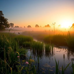 A serene bog at sunrise, where the soft golden light of early morning gently illuminates the mist rising from the still waters