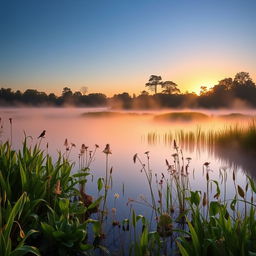 A serene bog at sunrise, where the soft golden light of early morning gently illuminates the mist rising from the still waters