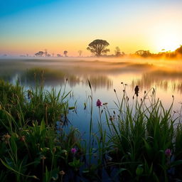 A serene bog at sunrise, where the soft golden light of early morning gently illuminates the mist rising from the still waters