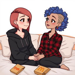 A cute animated style illustration of two women sitting on a bed