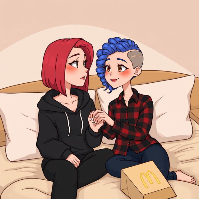 A cute animated style illustration of two women sitting on a bed