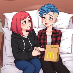 A cute animated style illustration of two women sitting on a bed