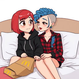 A cute animated style illustration of two women sitting on a bed