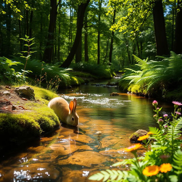 A tranquil woodland scene featuring a gentle creek winding through lush, green foliage