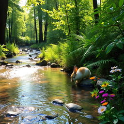 A tranquil woodland scene featuring a gentle creek winding through lush, green foliage