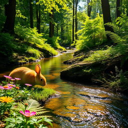 A tranquil woodland scene featuring a gentle creek winding through lush, green foliage