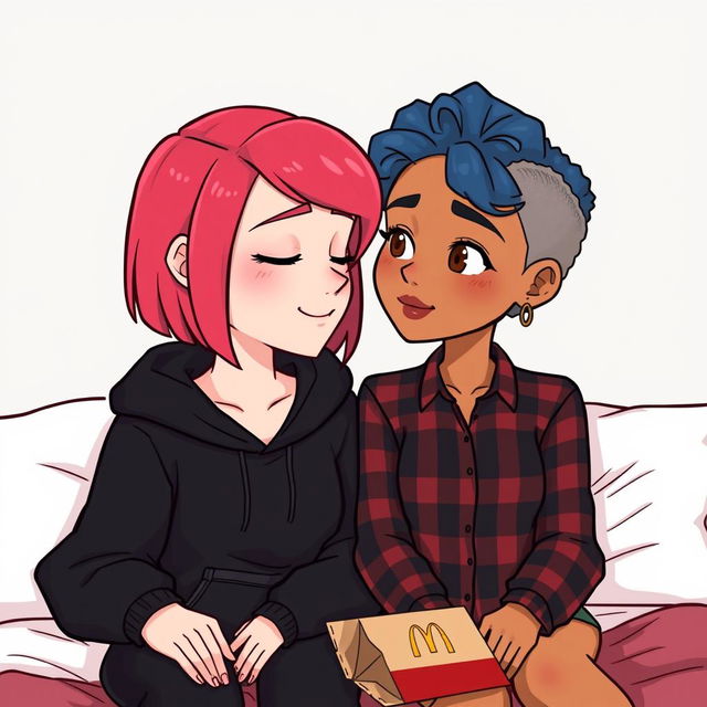 A cute animated style illustration of two women sitting on a bed