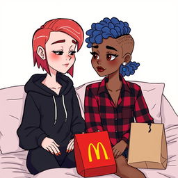 A cute animated style illustration of two women sitting on a bed