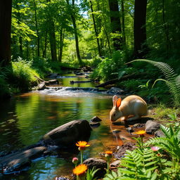 A tranquil woodland scene featuring a gentle creek winding through lush, green foliage