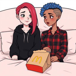 A cute animated style illustration of two women sitting on a bed