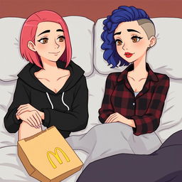 A cute animated style illustration of two women sitting on a bed