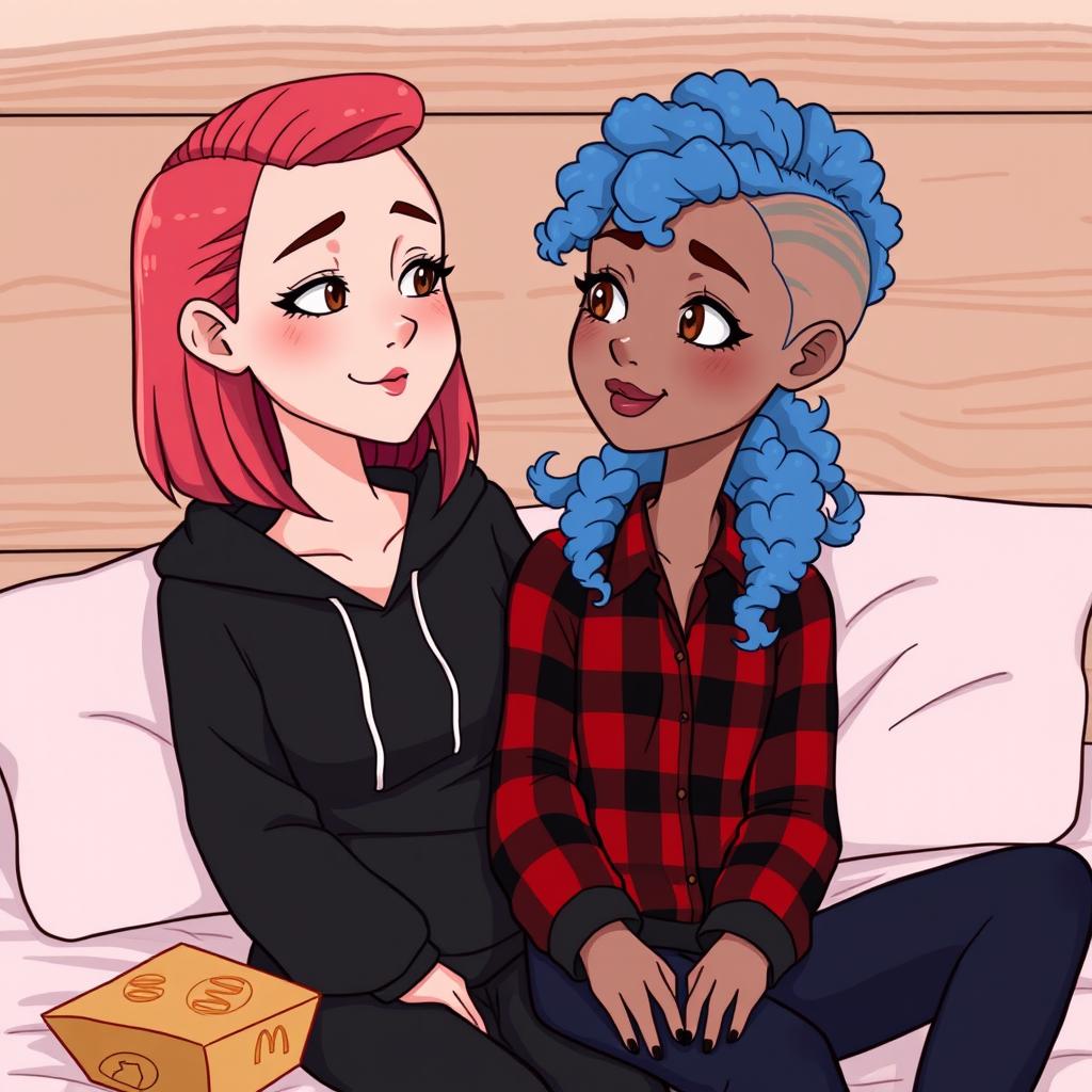 A cute animated style illustration of two women sitting on a bed