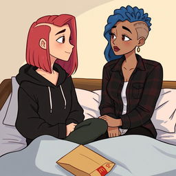 A cute animated style illustration of two women sitting on a bed