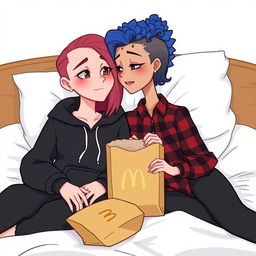 A cute animated style illustration of two women sitting on a bed