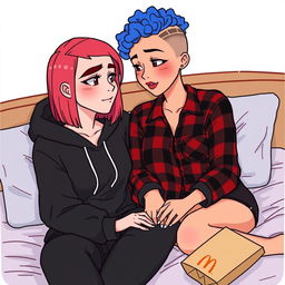 A cute animated style illustration of two women sitting on a bed