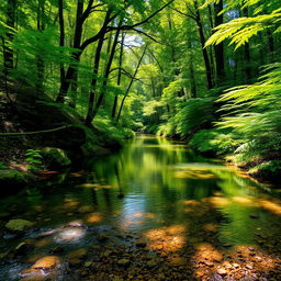 A picturesque creek gently flowing through a dense, lush forest filled with towering trees and an array of vibrant greens