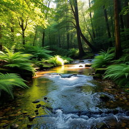 A picturesque creek gently flowing through a dense, lush forest filled with towering trees and an array of vibrant greens