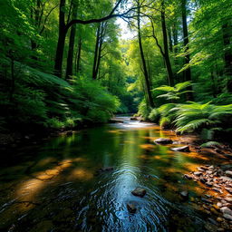 A picturesque creek gently flowing through a dense, lush forest filled with towering trees and an array of vibrant greens