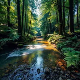 A picturesque creek gently flowing through a dense, lush forest filled with towering trees and an array of vibrant greens