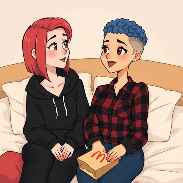 A cute animated style illustration of two women sitting on a bed