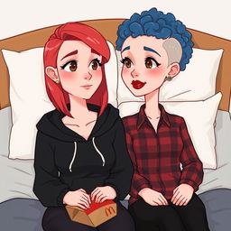 A cute animated style illustration of two women sitting on a bed