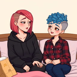 A cute animated style illustration of two women sitting on a bed