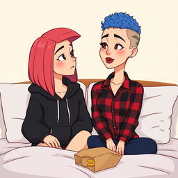 A cute animated style illustration of two women sitting on a bed