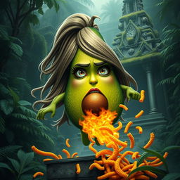 A realistic feminine avocado with a lifelike texture, featuring long, flowing hair and long eyelashes