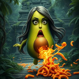 A realistic feminine avocado with a lifelike texture, featuring long, flowing hair and long eyelashes