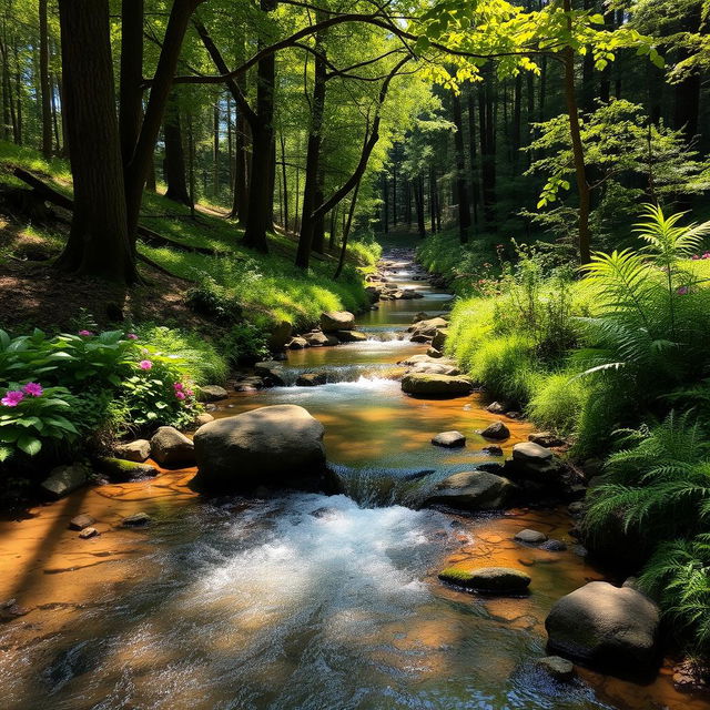 A charming small creek meandering gracefully through a vibrant forest