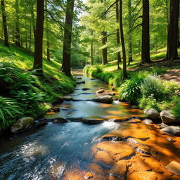 A charming small creek meandering gracefully through a vibrant forest