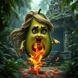 A realistic feminine avocado with a lifelike texture, featuring long, flowing hair and long eyelashes