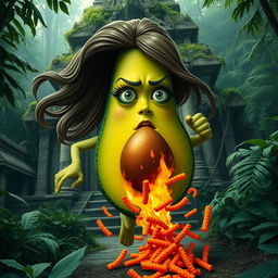 A realistic feminine avocado with a lifelike texture, featuring long, flowing hair and long eyelashes