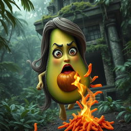 A realistic feminine avocado with a lifelike texture, featuring long, flowing hair and long eyelashes