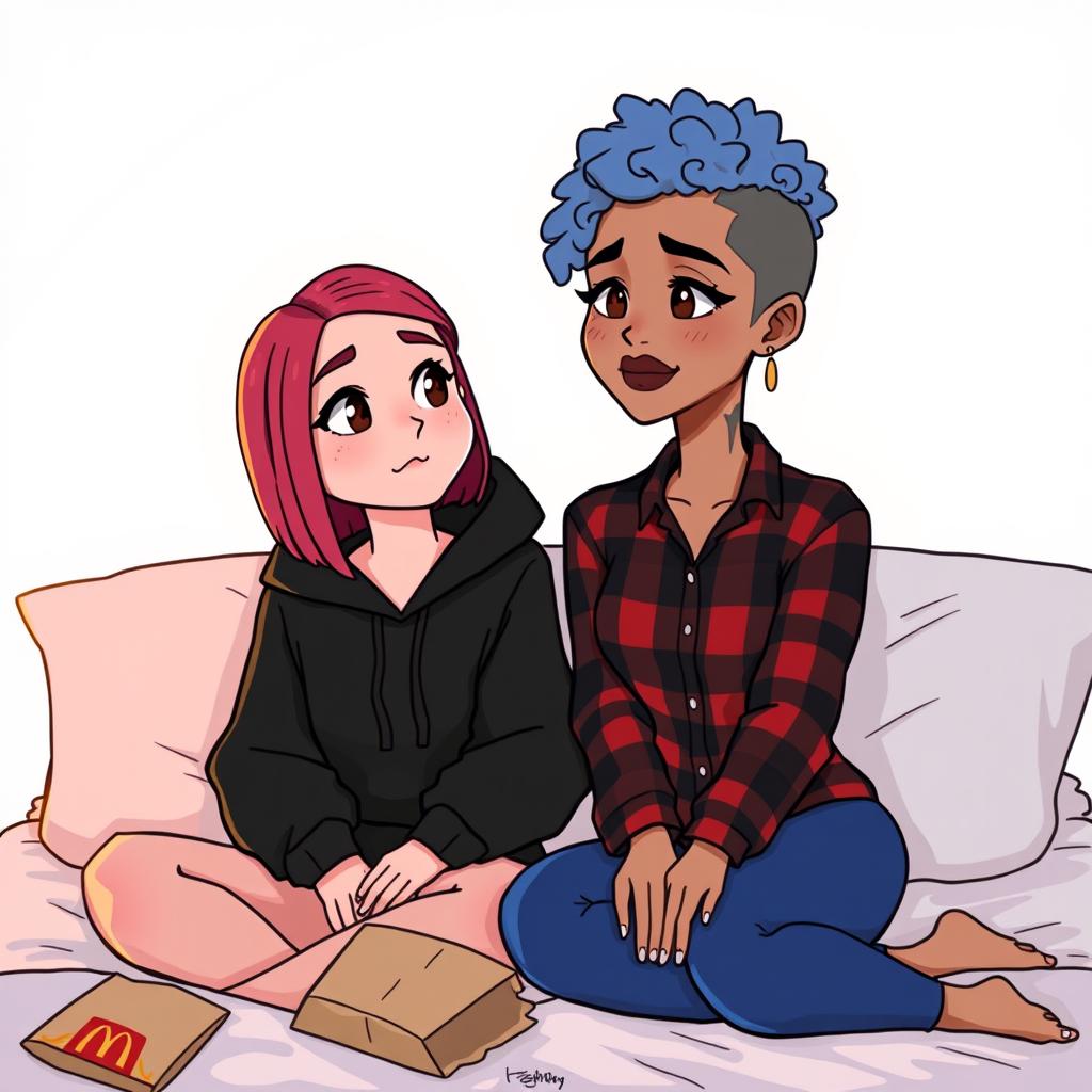 A cute animated style illustration of two women sitting on a bed